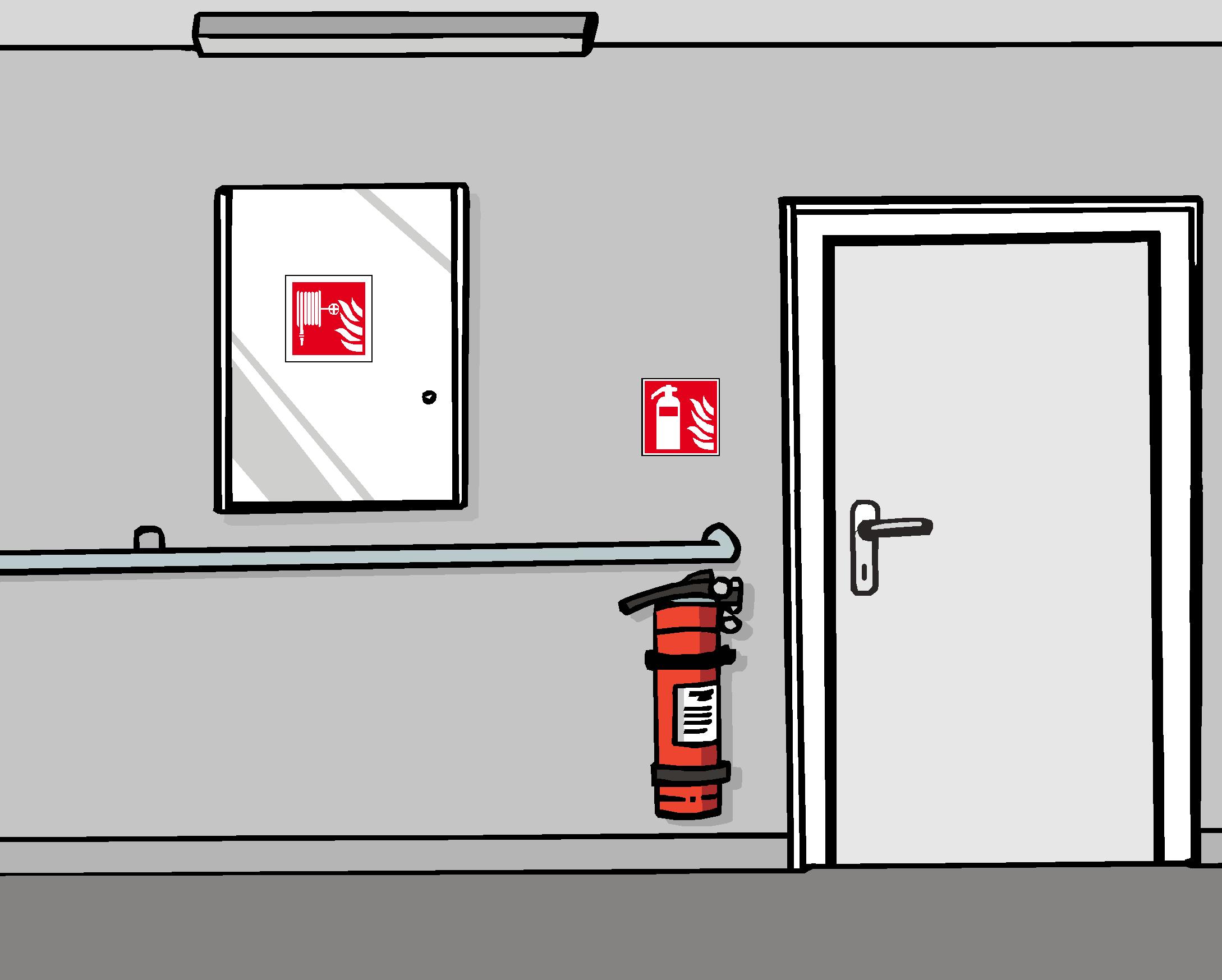 Suchbild: die Tür im Flur ist geschlossen und ein Feuerlöscher ist vorhanden